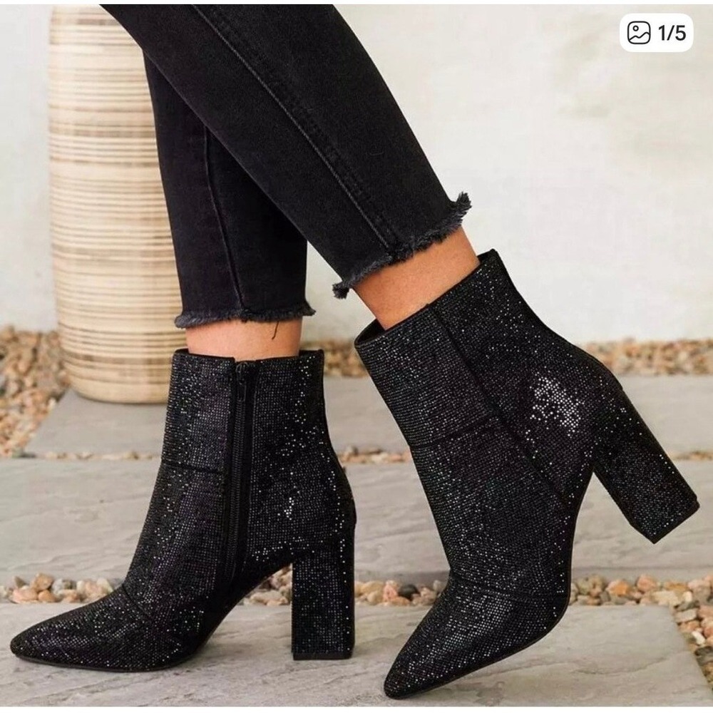 Forever Link Women's Rhinestone Embellished Pointed Toe Ankle Bootie Size 6